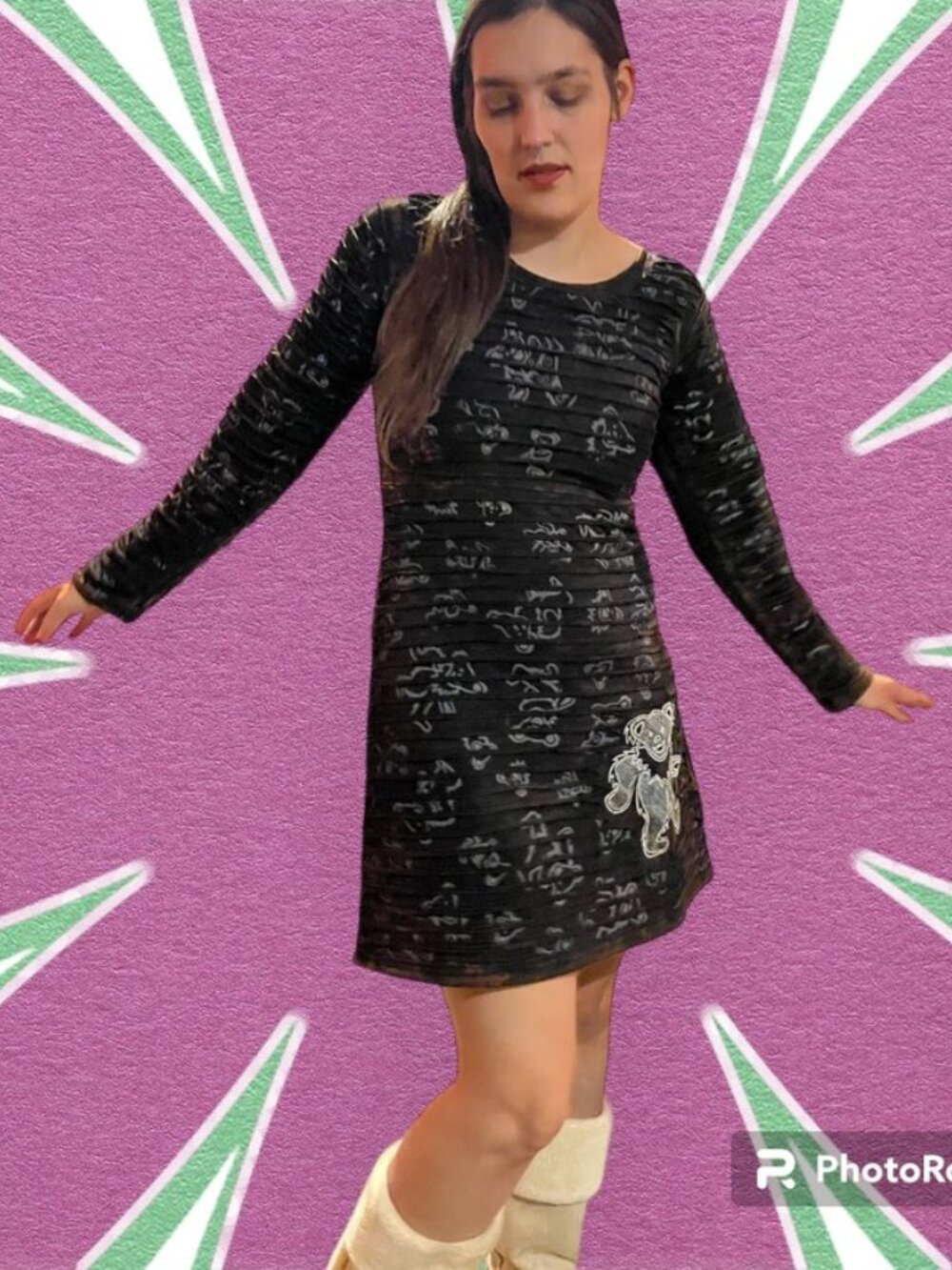 Jayli Dark Brown/black Long Sleeve Dress with Dancing Bear and Cut Design. NWT